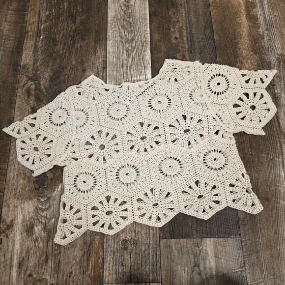 Crochet Lace Crop Top Boho Coquette Festival Sheer Knit Cream Size Small Cotton - Picture 2 of 7